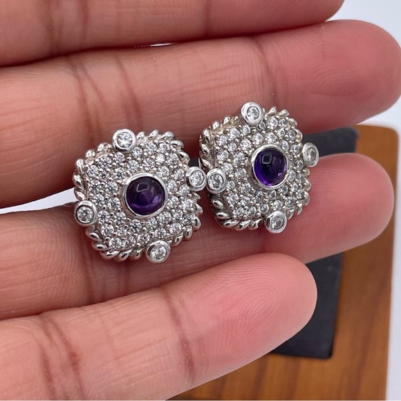 Judith Ripka Sterling Silver Amethyst Cabochon CZ Pave Chunky Studs Earrings 925 - Picture 2 of 7